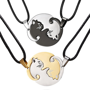 Collana pendente animale in acciaio inossidabile alla moda Yin Yang nero bianco gatto abbraccio coppia placcato oro per gli stili di san valentino - Product Image 2