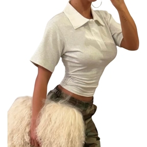 Haut <span class=keywords><strong>polo</strong></span> court côtelé pour <span class=keywords><strong>femme</strong></span> KY, manches courtes, col rabattu, coupe ajustée, décontracté - Product Image 1