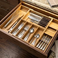 Boîte de rangement extensible pour ustensiles de cuisine en bambou GL avec porte-couteau Boîte de rangement pour couteaux en bambou