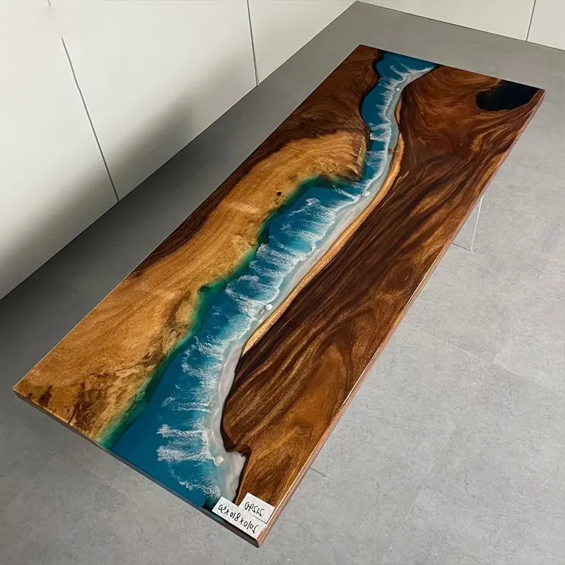 फोसेल 6x4 राउंड समुद्र तट 3 डी बोइस डोरे फ्रेम डी कोएडर ईपोक्सी रेरीना स्पष्ट डिनर टेबल जो कि एपॉक्सी रासिन में मेल खाता है