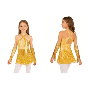 Costumes de danse pour filles de 6 à 16 ans, costumes de danse latine Cha-Cha, justaucorps avec gants métalliques pour les compétitions de salsa - Product Image 2