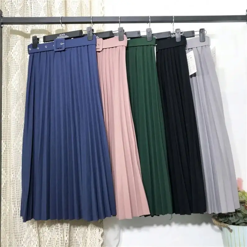 Solid color belt organ pleated skirt skirt Autumn winter women's mid-length high belt with A-line long skirt