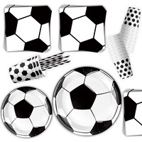 Ensemble de vaisselle jetable sur le thème du football, assiettes en papier noires et blanches, gobelets, serviettes, pailles pour la décoration de fête d'anniversaire des enfants