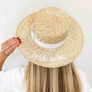 Bachelorette Party Gift Hat Adjustable Straw Sun With Ribbon Embroidery Bride Beach Boater Hats - Product Image 1