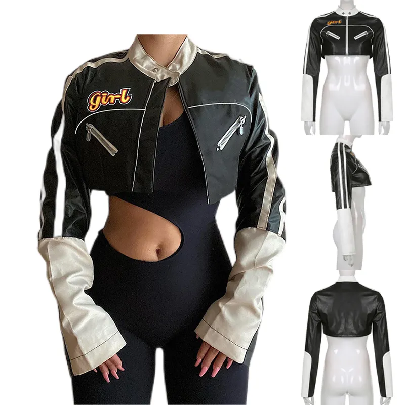 Autunno abbigliamento bottone cerniera cucita lettere ricamate ragazza pelle pelliccia cintura cappotto personalizzato biker manica lunga giacca per le donne