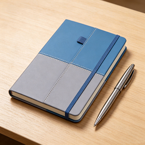 Blue & Grey Two-Tone Hardcover <b>Notebook</b>, PU Leather Journal with Elastic Band & Pen Loop for Office & School - Product Image 5