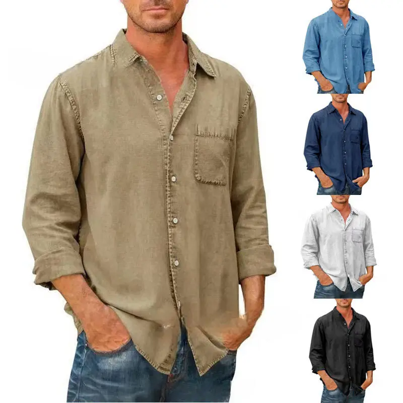 2023 primavera Polo cuello de un solo pecho clásico moda bolsillo Denim hombres Formal camisa de manga larga