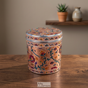 Handcrafted Oriental stainless steel Spice Container Round With Lid <b>Floral</b> Design Storage <b>Box</b> - Product Image 4