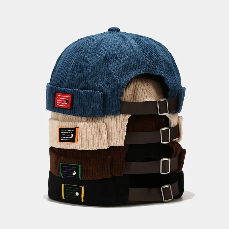 Custom brimless corduroy retro visor rolled cuff docker melon cap adjustable no brim men skull fashion sailor sport dad hats