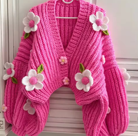 Cardigan tricoté pour femme à manches longues, motif floral brodé au crochet, avec nœud rose personnalisé, en maille épaisse, collection Hiver 2026
