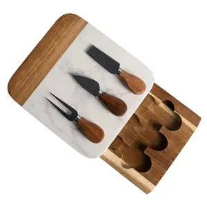 لوح قطع خشبي ورخامي بسعر الجملة من المصنع الأصلي، لوح للجبن مع مجموعة سكاكين