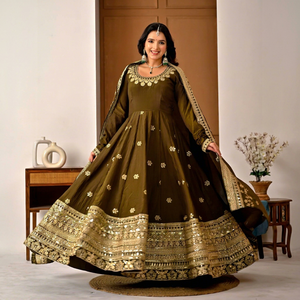 Traje Anarkali de Seda Bordado Verde Oliva con Dupatta, Atuendo Tradicional de Boda para Mujer, Corte Holgado, Largo hasta el Suelo, Estilo Indio-Pakistaní - Product Image 1