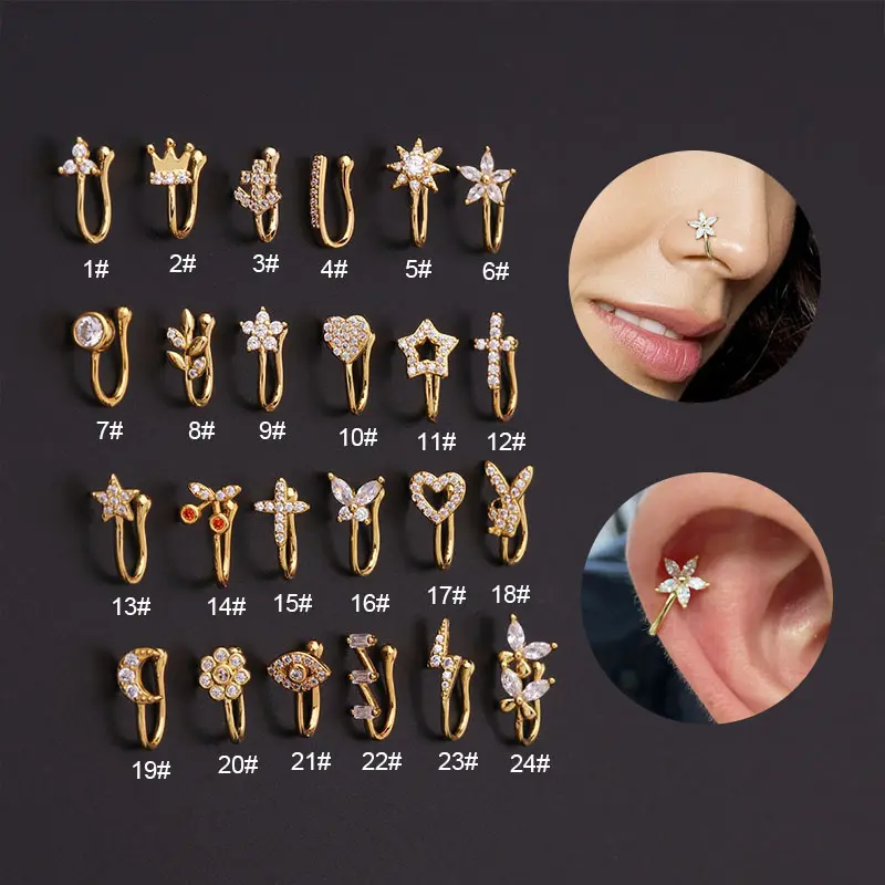 9Pcs Nose Ring Open Hoop Lip Body Piercing clip on Studs Stainless Steel Jewelry 