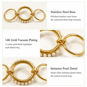 Pearl Triple-<b>Finger</b> <b>Ring</b> Stainless Steel Imitation Pearl 14K Gold Vacuum Plated Gold and Silver Color Jewelry - Product Image 3