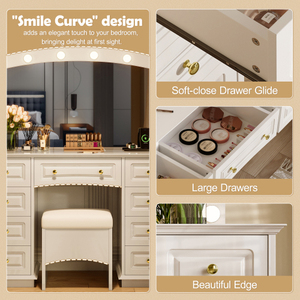 Luxurious Modern Bedroom <b>Mirror</b> Makeup Vanity LED Lighting 3 Color 9 Storage Drawers Cushioned Stool White MDF Apartment - Product Image 2