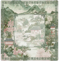 Tapis de jeu carré vintage de 31,5 pouces avec paysage de jardin d'Asie de l'Est, imprimé palmiers et bordure nautique, pour Mahjong