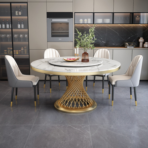 Ensemble de table et de chaises de salle à manger rondes en marbre de luxe moderne, 4, 6, 8 places, métal, pierre frittée, mobilier complet, salle à manger, designs classiques - Product Image 2