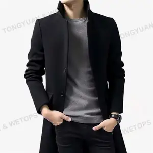 Drop shipping Unisex ceket erkek ince orta uzun yün basit ve çok yönlü katı yaka rüzgarlık erkek ceket