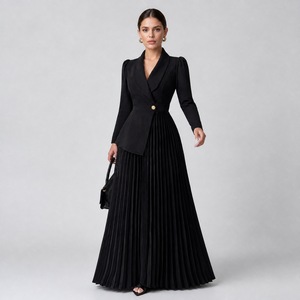 Robe longue plissée en maille à col châ<span class=keywords><strong>le</strong></span> élégante et romantique pour femme, à manches longues, coupe trapèze, unie, idéale pour <span class=keywords><strong>le</strong></span> bureau, les occasions professionnelles, les soirées et les mariages - Product Image 1
