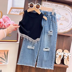 Completo Estivo 2026 per Bambini Stile Western con Top a Bretelle con Nappe e Jeans Forati, Set Due Pezzi per Bambini per il Commercio Estero - Product Image 2