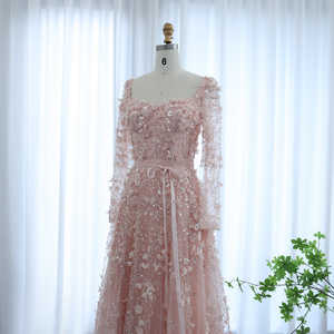 Jancember SZ353 Unique <b>Pink</b> Long Sleeve Pearls Mermaid Evening <b>Dresses</b> - Product Image 3
