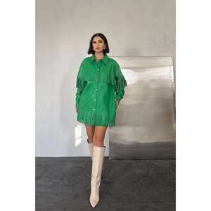 Chaqueta Blusón de Cuero Verde con Borlas, Manga Larga, Tejido de Tela, Estilo Femenino - Product Image 2