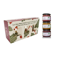 Pochettes personnalisées en carton biodégradable de qualité alimentaire pour trois pots de confiture, avec revêtement UV, pelliculage mat, gaufrage et fermeture à rabat