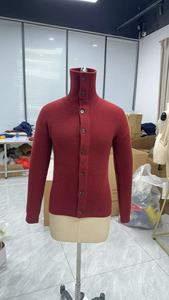 Burgundy Ribbed Button Cardigan <strong>Men</strong> High Stand Collar Winter Warm Knit Sweater <strong>Coat</strong> - Product Image 4