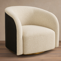 Fauteuil d'appoint pivotant moderne en tissu bouclé crème avec base sur piétement à lattes en bois, personnalisable, vente en gros