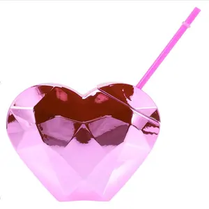 20 Oz Plastic Pink Cocktail Heart Shaped Tumbler Disco Ball Cup With Straw And Lid For Wedding And Events