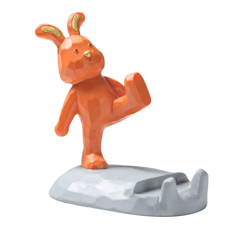 2024 resina polivinílica creativa lindo encantador blanco naranja animal conejo coche tablero casa decorativa conejo teléfono soporte estatua