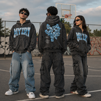 Sweat à capuche zippé délavé à l'acide, coupe oversize, en molleton de coton épais, pour hommes et femmes, style streetwear, marque privée, OEM, faible MOQ, imprimé métallique