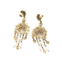 Boucles d'oreilles pendantes vintage en or antique, grandes, rondes, ajourées, motif floral, avec perles et cristaux, pour femme