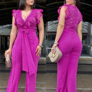 Nouvelle combinaison pantalon large pour femme avec panneaux en dentelle et taille à nouer – Tendance - Product Image 2