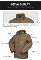 FRONTER 2025 Veste tactique en coton softshell pour l'extérieur, kaki, imperméable, coupe-vent, col montant, fermeture éclair, pliable F7