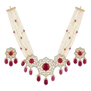 Conjunto de Collar de Plata 925 con Rubí y Perla, Joyería de Diseño para Novia, Aretes Tradicionales para Mujer, Colección de Joyería para Mujer - Product Image 1