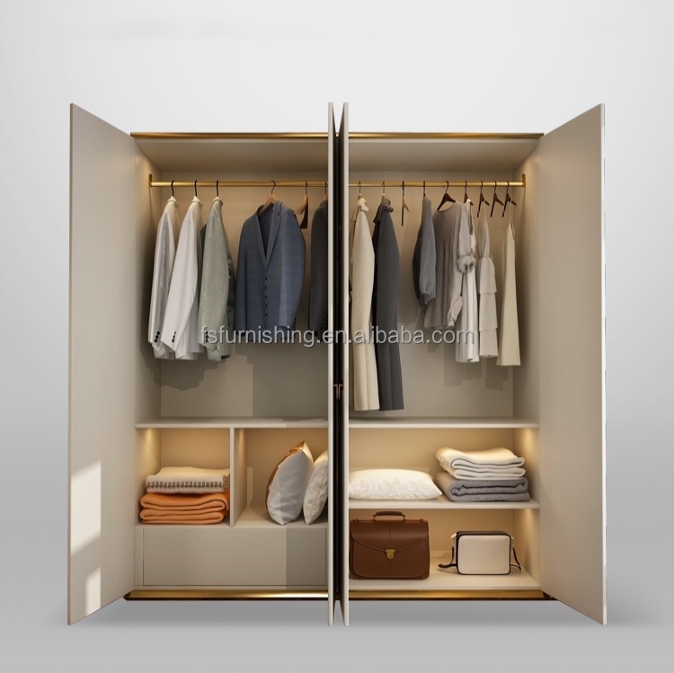 FO1104 Luxury leather veneered contemporary bedroom furniture modern 4 door Wardrobe
