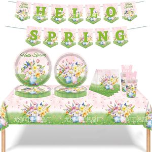 Ensemble de vaisselle sur le thème des fleurs de printemps, 40-60 pièces, assiettes en papier, gobelets, serviettes, couverts, nappe, décoration pour une utilisation en extérieur au printemps - Product Image 1