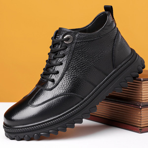 รองเท้าบูทหิมะฤดูหนาวสำหรับผู้ชายสีดำแบบผูกเชือกพื้นหนาหนังวัวอุ่นสบายสำหรับคุณพ่อวัยกลางคนและผู้สูงอายุ - Product Image 1