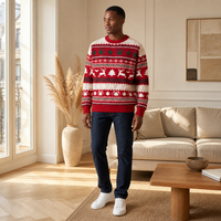 Pull en maille personnalisé avec logo pour homme, motif Fair Isle rouge, col rond, épaules tombantes, coupe longue, en polyester, idéal pour l'automne et l'hiver