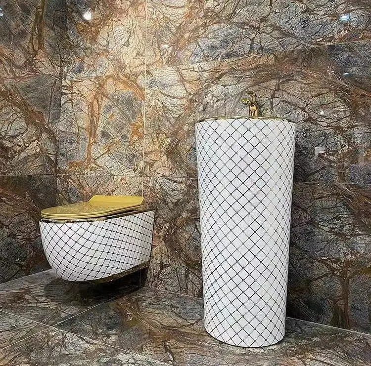 Simply WC Tank Black Gold Design Ceramic Wall Hung Toilet Rimless