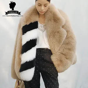Furealux Natural Fox Fur Women's Coat 60cm Suit Collar Fashion Design Coat Winter Black and White Contrast Stripe Real Fur Coat