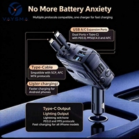 Adaptor Pengisi Daya Mobil Kabel Retractable 4-in-1 4 Port Pengisian Cepat Tampilan Tegangan Digital Kabel Teleskopik 80CM