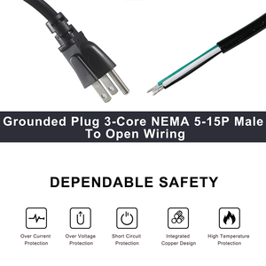 Cable de alimentación de repuesto con enchufe con toma de tierra de 3 clavijas NEMA 5-15P para EE. UU. a cable de CA desnudo estañado de extremo abierto de calibre 16, 18, 14 - Product Image 6