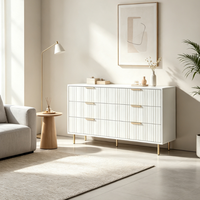 Commode moderne en bois à 6 tiroirs cannelés blancs avec quincaillerie dorée, à poser au sol, pour chambre et appartement