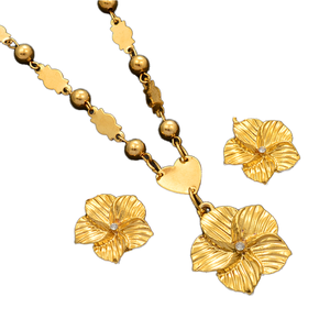 Conjunto de Collar y Pendientes de Plumeria Hawaiana de Moda, Chapado en Oro de 18K, con Cuentas de Cobre, Regalo de Boda para Mujeres y Niñas, Inspirado en Guam - Product Image 5