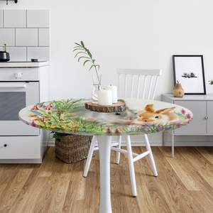 Elegant Vintage Easter Bunny <strong>Round</strong> <strong>Tablecloth</strong> with Elastic Edge Waterproof <strong>Wipeable</strong> Polyester Fabric for Home Decor - Product Image 6