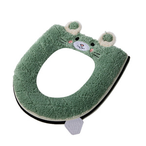 Green Plush Toilet Seat Cover With Bear Face Design Soft Cushion For Autumn Winter Use - Product Image 1