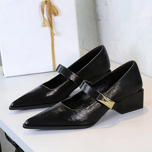 Wholesale Low Price Women Mid Strap Buckles Shoes Low Square Heels Pumps Dress Pointed Toe Solid Mary Jane <b>Sandals</b> - Product Image 3