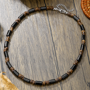 Collier pour homme en perles cylindriques noires, perles d'espacement en bois naturel marron, fait main, pendentif, bijoux, cadeaux pour hommes - Product Image 3